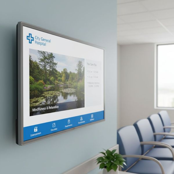 Healthcare setting TV displaying information.