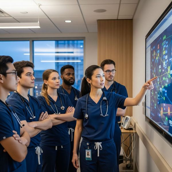 A healthcare worker pointing to a data visualization on a large display, surrounded by colleagues.