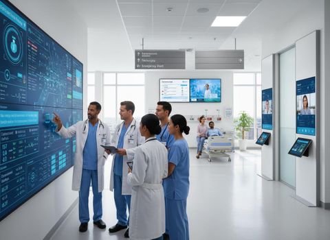 A diverse medical team reviews complex patient data on a large digital screen in a modern hospital hallway, with a patient in the background. Medical Team Analyzing Digital Patient Data in Modern Hospital