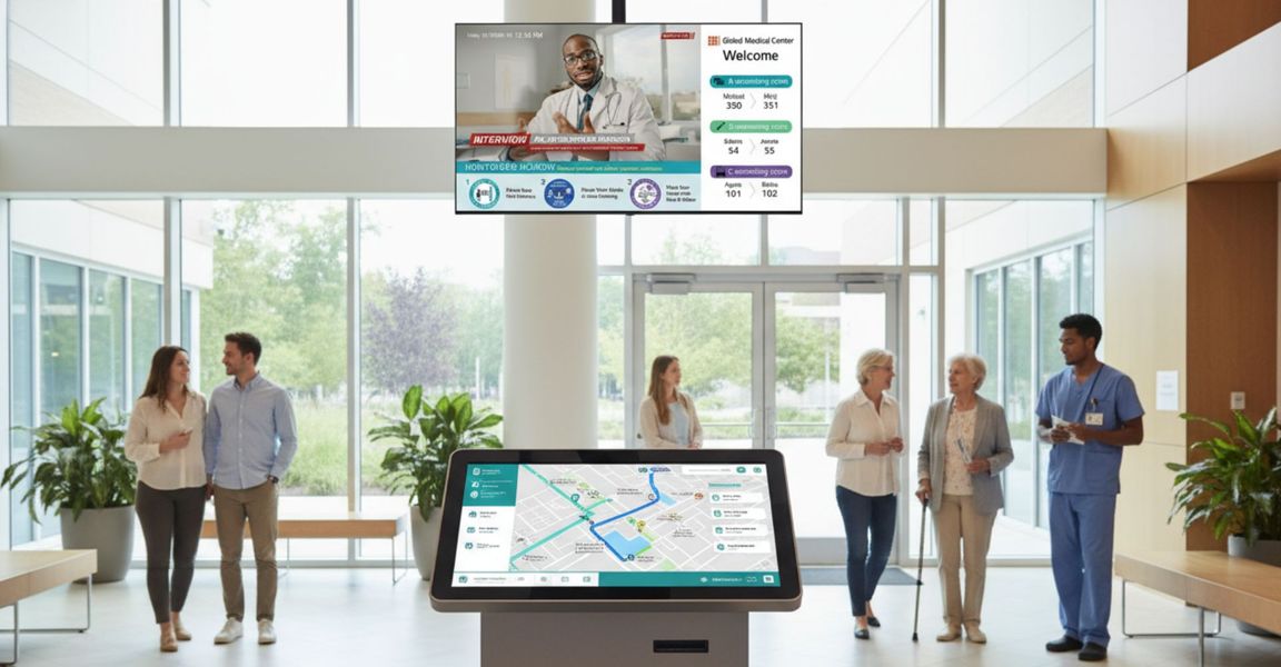 Modern hospital entrance with clear digital wayfinding kiosk Modern hospital entrance with clear digital wayfinding kiosk