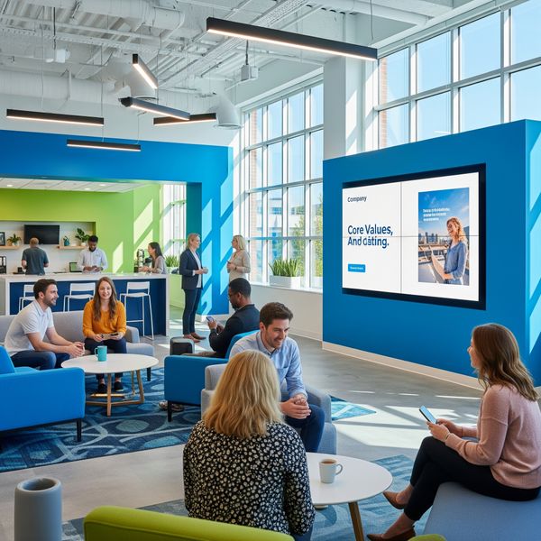 Digital screen in a corporate common area displaying company values and branding.