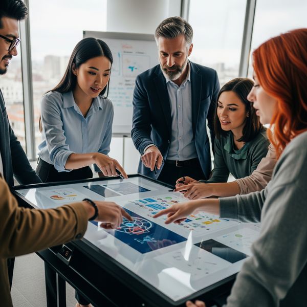 Employees collaborating around an interactive digital screen in an office.