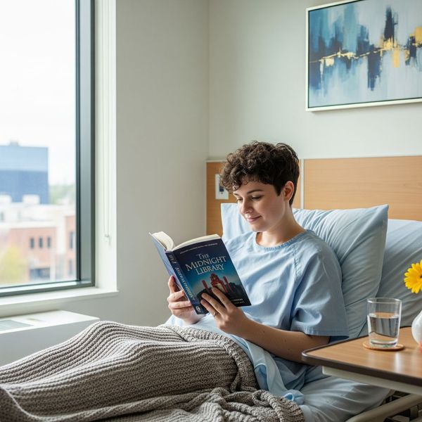 A patient reads a book while sitting in a comfortable, personal hospital room.