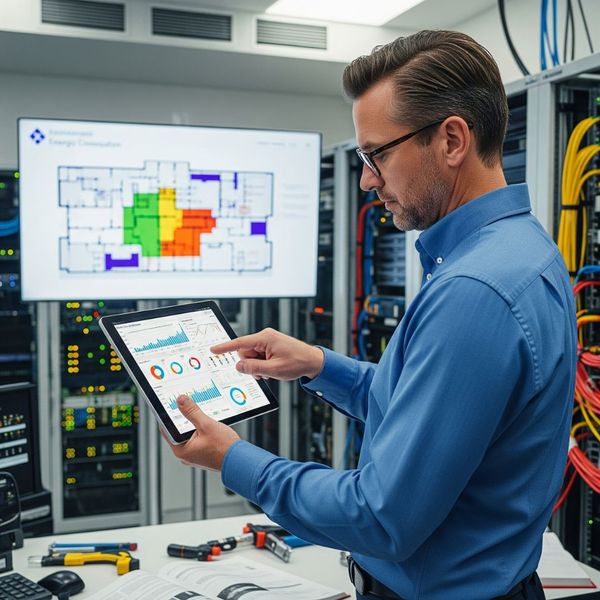 A facility manager reviews energy usage data on a tablet in a server room.