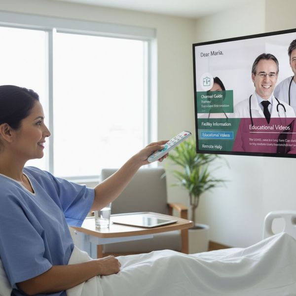 Patient in modern hospital room using smart TV