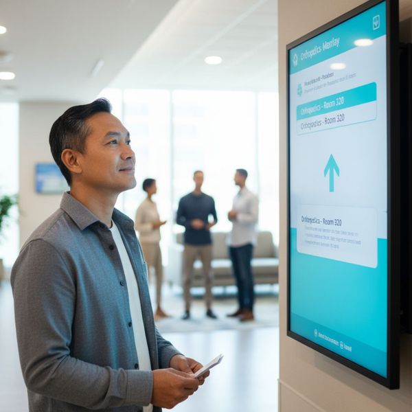 Patient looking at a clear digital information display Patient looking at a clear digital information display