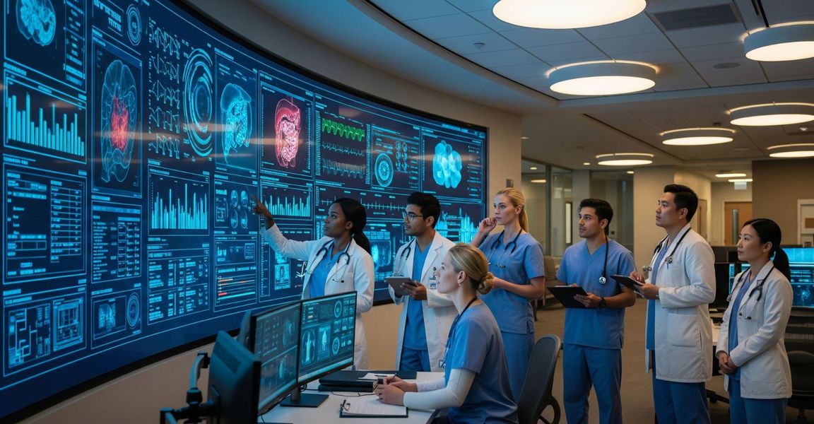 A group of medical professionals stands in a command center, discussing data displayed on a large screen.