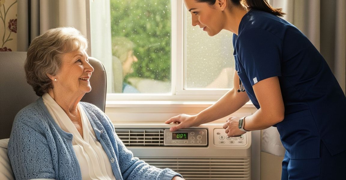 A nurse adjusts a thermostat for an older adult patient in a brightly lit hospital room.