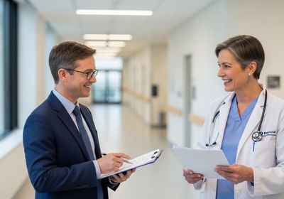 Doctor Consults with Administrator in Hospital Hallway
