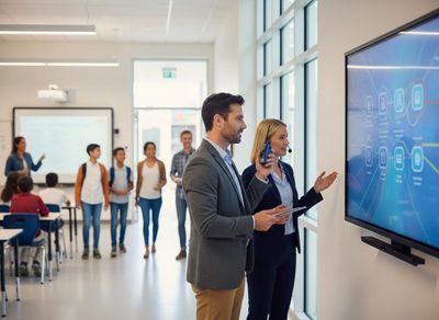A female guide with a headset and a man with a tablet present a digital screen, while students and visitors observe in a school. Adults Presenting Digital Display in Modern School Environment