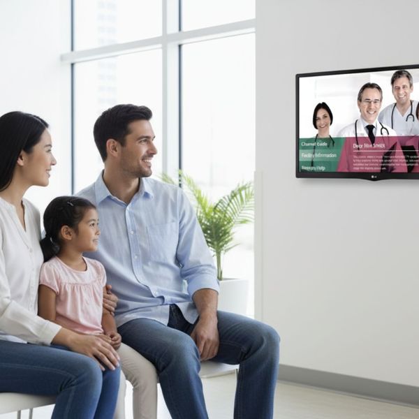 Hospital waiting room with digital display showing queue Hospital waiting room with digital display showing queue