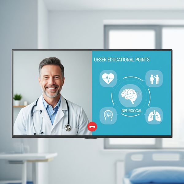 A hospital television screen displaying a telehealth consultation alongside patient information.