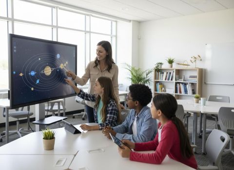 A teacher and three students in a modern classroom are learning about the solar system using a large interactive digital screen. Teacher and Students Learning Solar System with Interactive Display