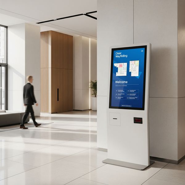 Digital directory displaying floor plans and office locations in a modern building.