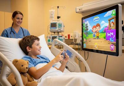 Child Patient Enjoying Video Game in Hospital Bed