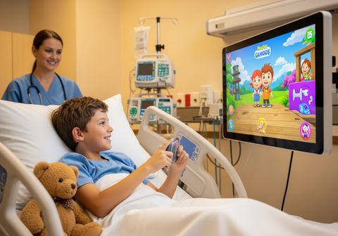 A young boy smiles as he plays a colorful video game on a monitor in his hospital bed, with a teddy bear beside him and a smiling nurse in the background, creating a comforting and cheerful environment. Child Patient Enjoying Video Game in Hospital Bed
