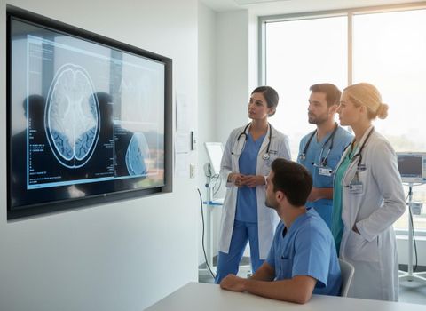 Four medical professionals, two women in white coats and two men in scrubs, analyze a detailed brain scan displayed on a large monitor in a modern clinic. Healthcare team discussing brain scan on large screen