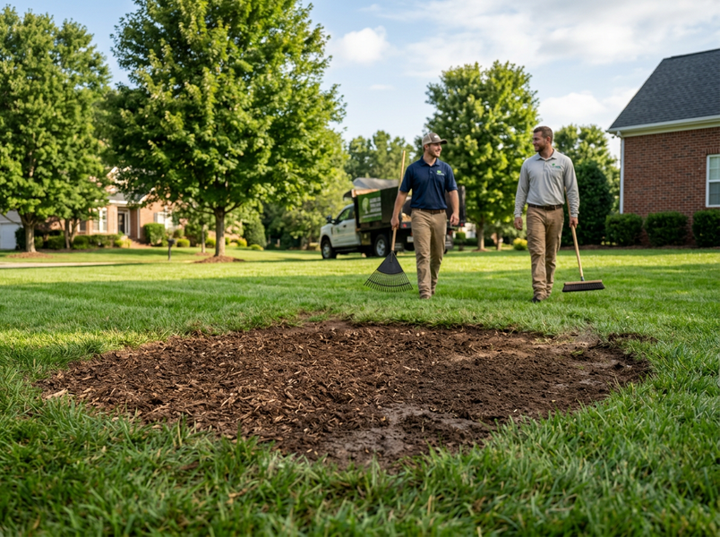 Landscapers with rake and broom on a residential lawn