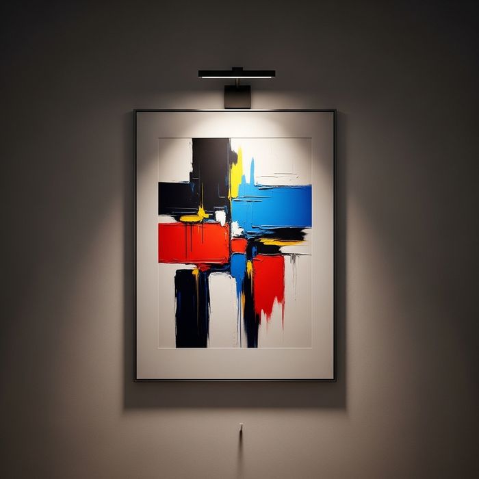 A framed piece of modern art on a wall illuminated by a focused picture light