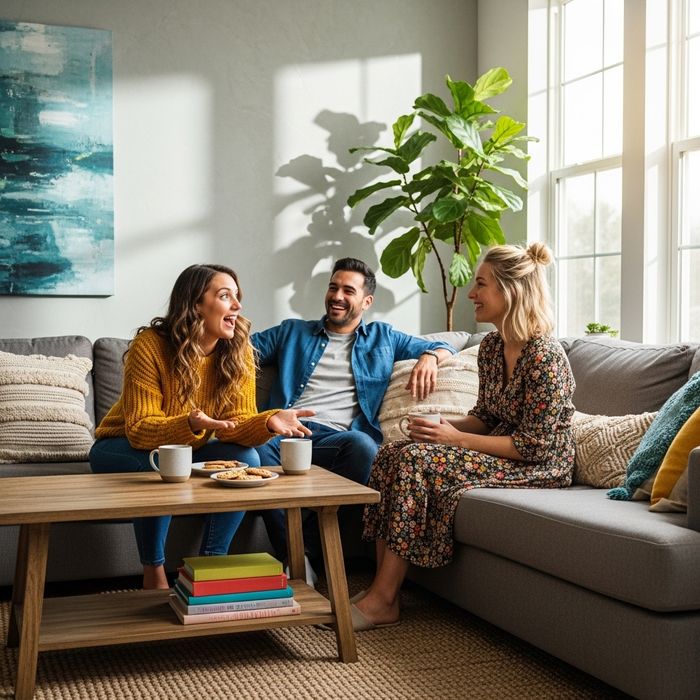 friends talking in a bright living room