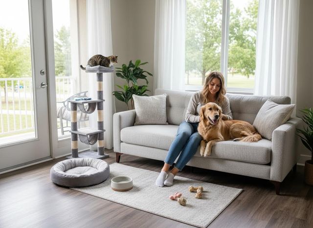 A woman smiles while petting her Golden Retriever on a sofa. A tabby cat sits on a tall cat tree. Pet beds, bowls, and toys are on the rug. Woman with Golden Retriever and Tabby Cat in a Pet-Friendly Living Room