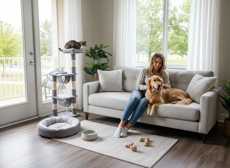 Woman with Golden Retriever and Tabby Cat in a Pet-Friendly Living Room