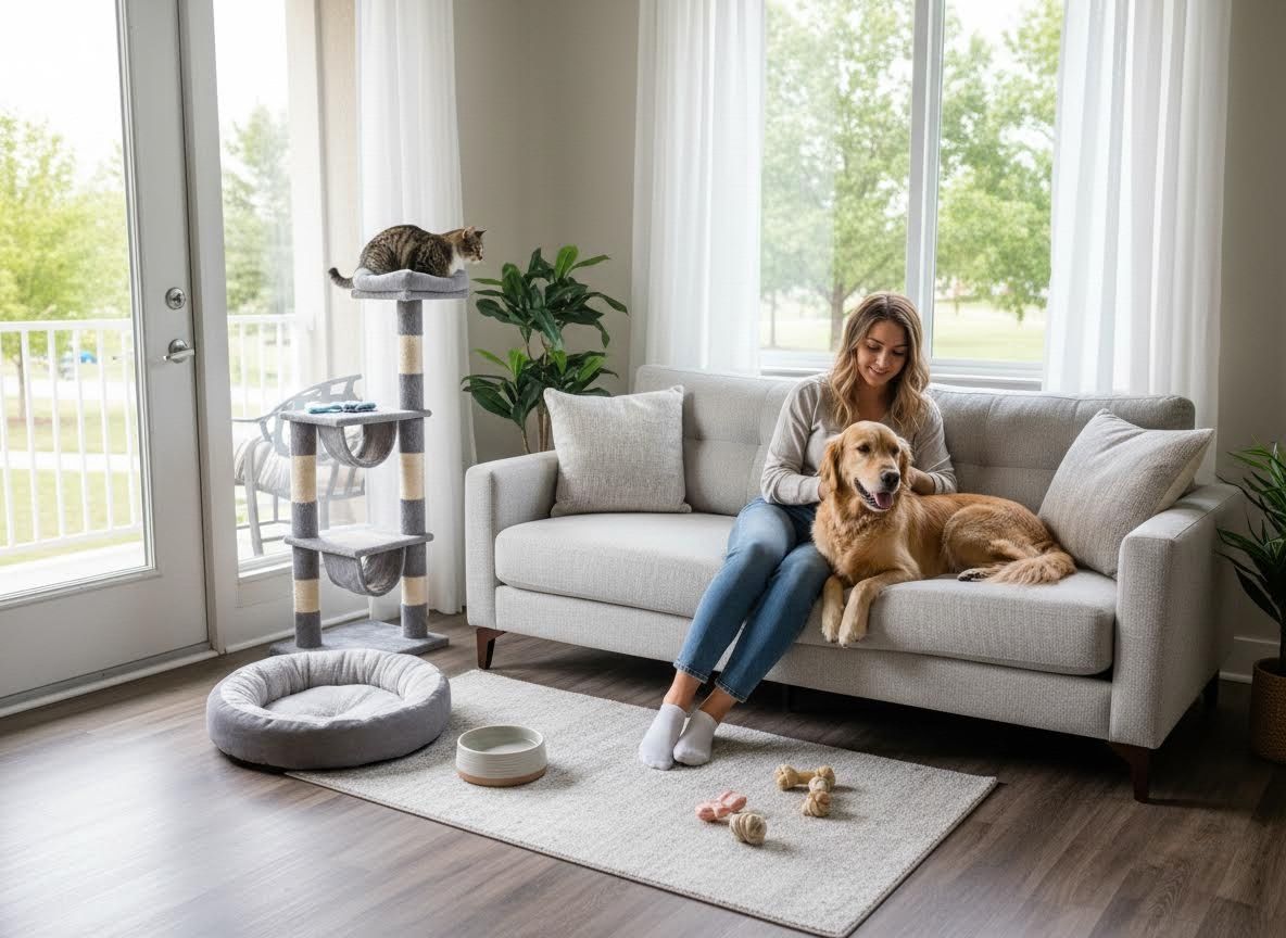 Woman with Golden Retriever and Tabby Cat in a Pet-Friendly Living Room