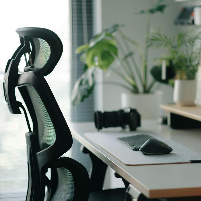 desk with a comfortable computer chair