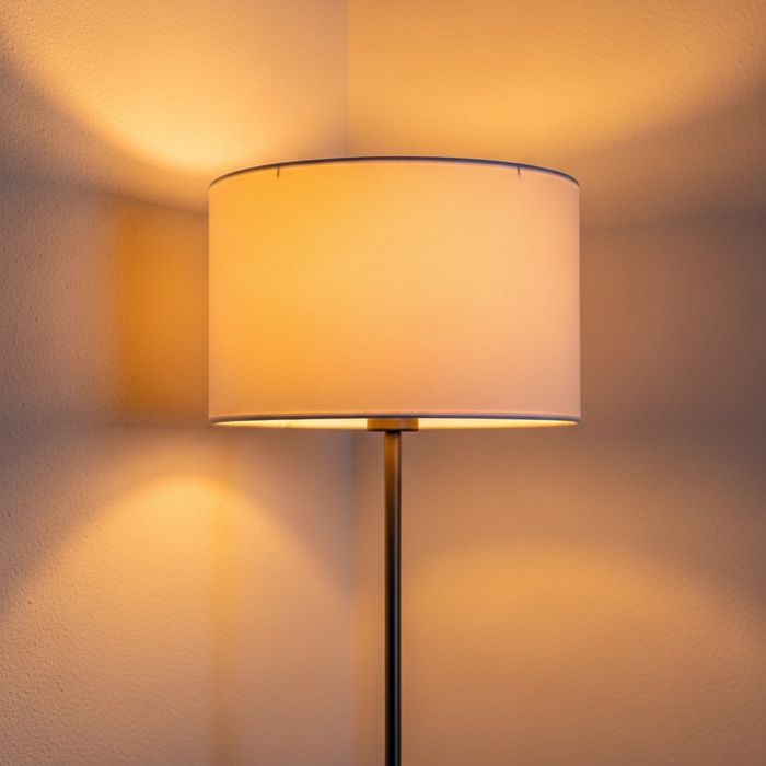 Close-up of a modern floor lamp with a warm, diffused shade, casting a soft ambient glow in an apartment corner