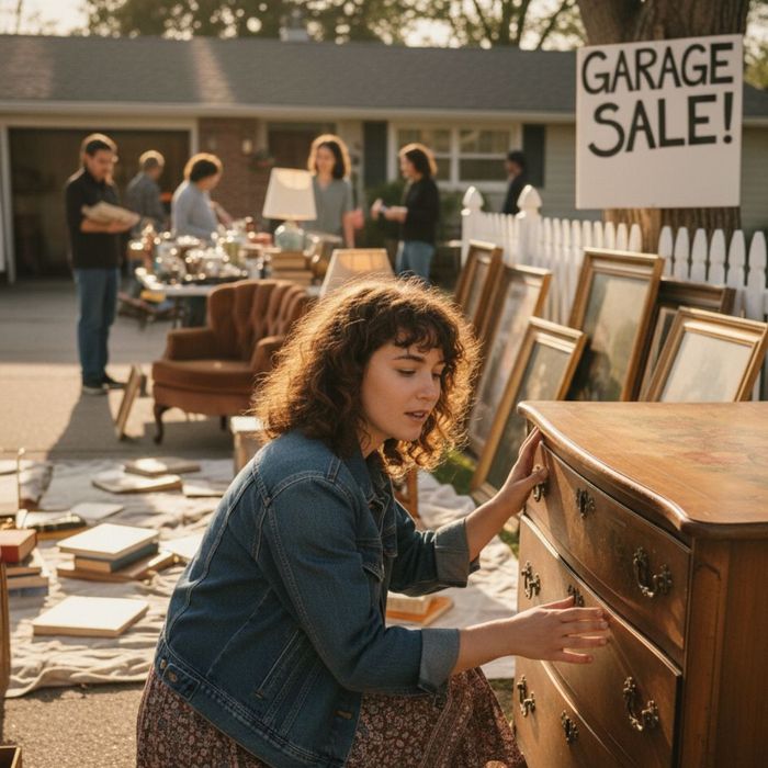woman looking at furniture at a garage sale