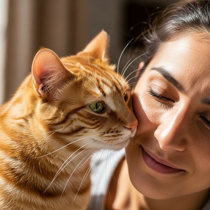 A happy cat nuzzling its owner's face