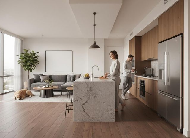 Couple cooking in a modern open-plan apartment