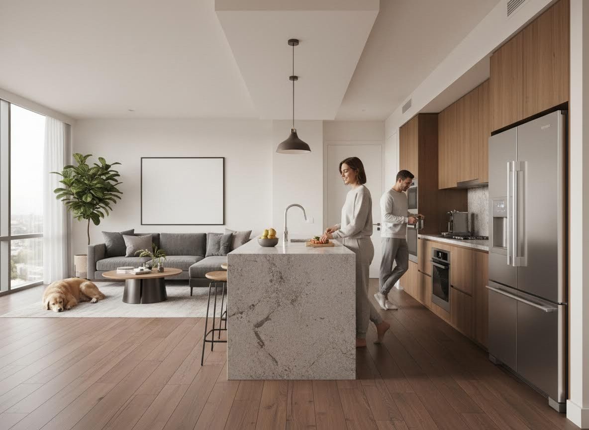 Couple cooking in a modern open-plan apartment