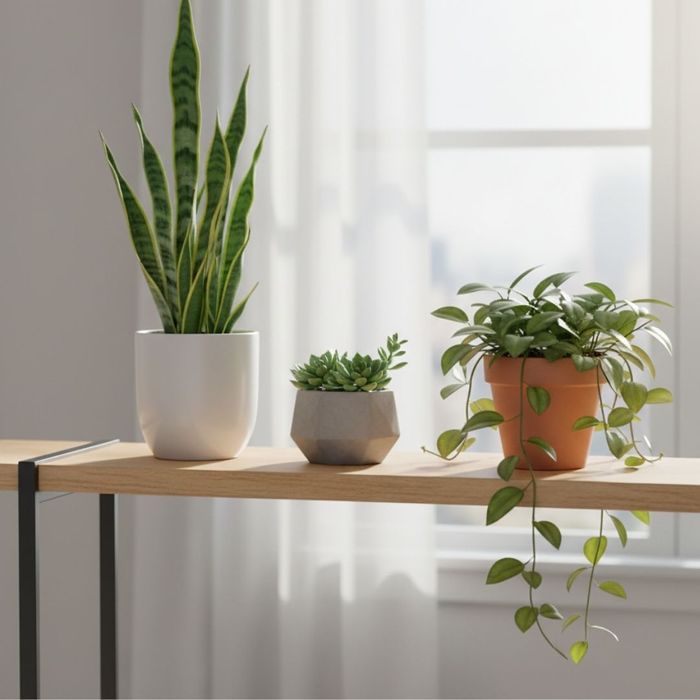 Assortment of three low-maintenance indoor plants on a wooden shelf Assortment of three low-maintenance indoor plants on a wooden shelf