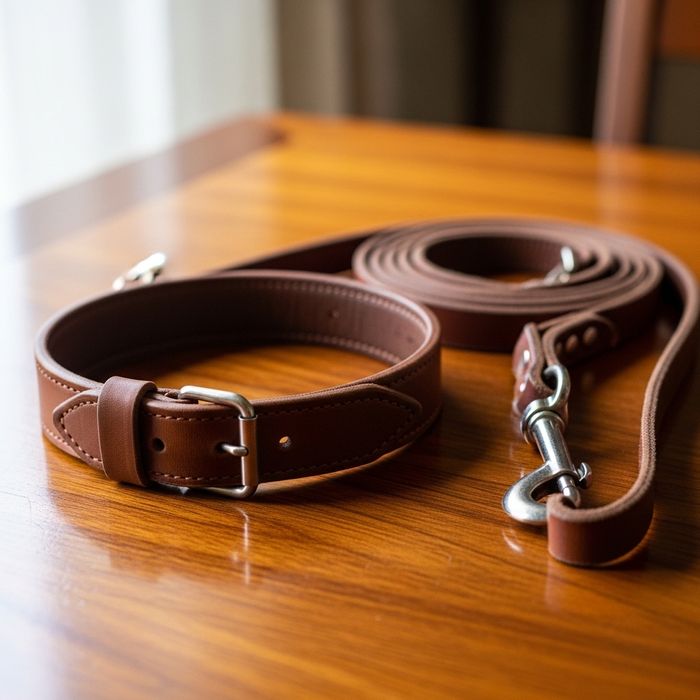 dog collar and leash on a table