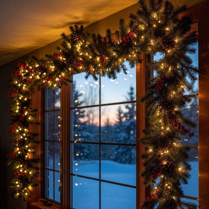 garland around the inside of a window 