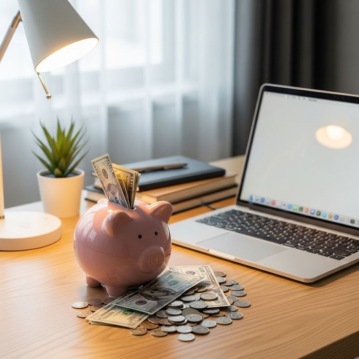 clean desk setup featuring a piggy bank with money