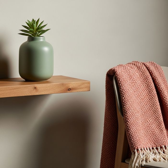 a sage green ceramic vase, a small succulent, and a textured terracotta-colored throw blanket draped over a chair