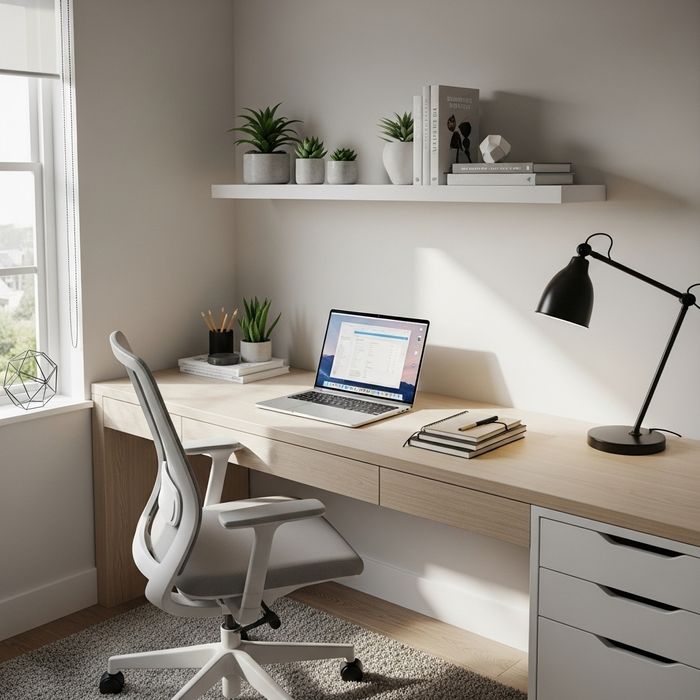Well-lit, organized home office nook with a laptop and notebook in a one-bedroom apartment.