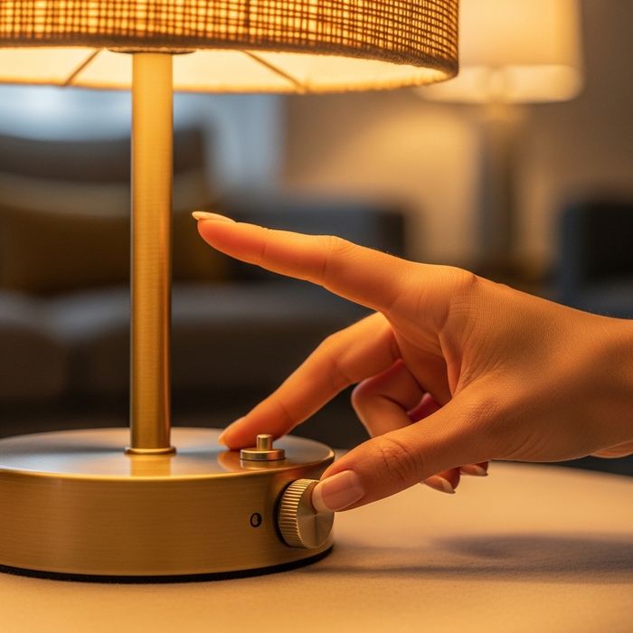 Close-up of a hand adjusting a woven-shade table lamp