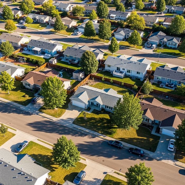 Aerial view of a quiet, modern residential neighborhood