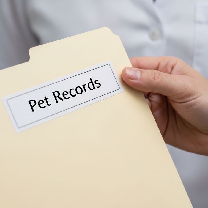 a hand holding a folder labeled pet records