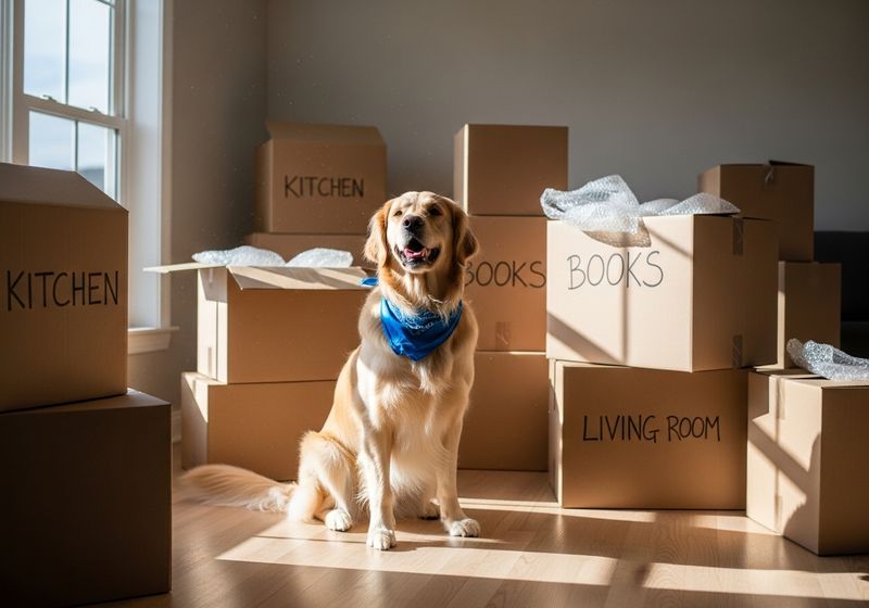 a dog with moving boxes