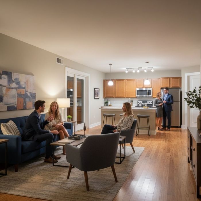 Guests mingling in a modern open-plan apartment Guests mingling in a modern open-plan apartment