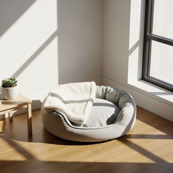 A cozy pet bed and blanket in a sunlit corner of an apartment