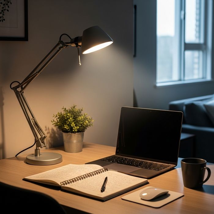 Minimalist home office desk with a focused adjustable lamp providing task lighting for reading and working