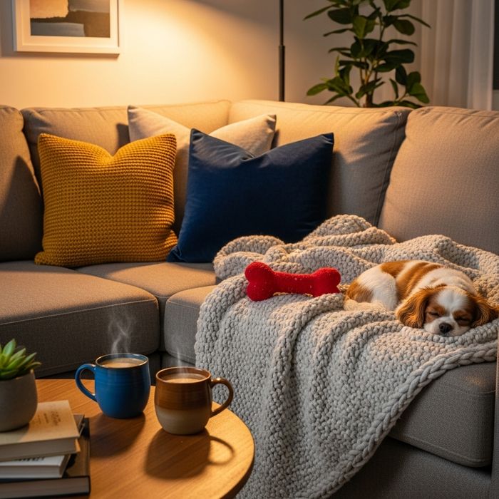 Cozy apartment sofa with two coffee mugs and a dog toy on a blanket, suggesting comfort for couples and pets.
