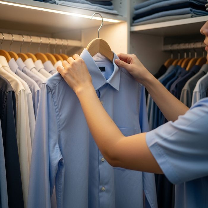 person putting a shirt on a hanger
