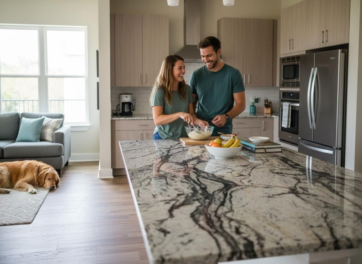 Happy Couple Cooking in a Modern Kitchen with Dog