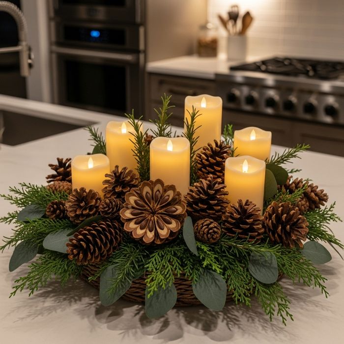 Kitchen counter centerpiece with pinecones, greenery, and flameless candles.